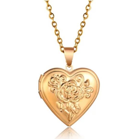 18k Gold Plated Necklace w/ Rose Heart Locket Valentine's Birthday Anniversary